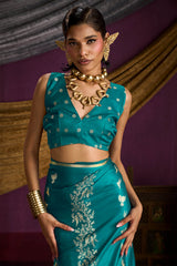 Ailurophile Rama Banarasi Satin Silk Saree With Embrocation Blouse
