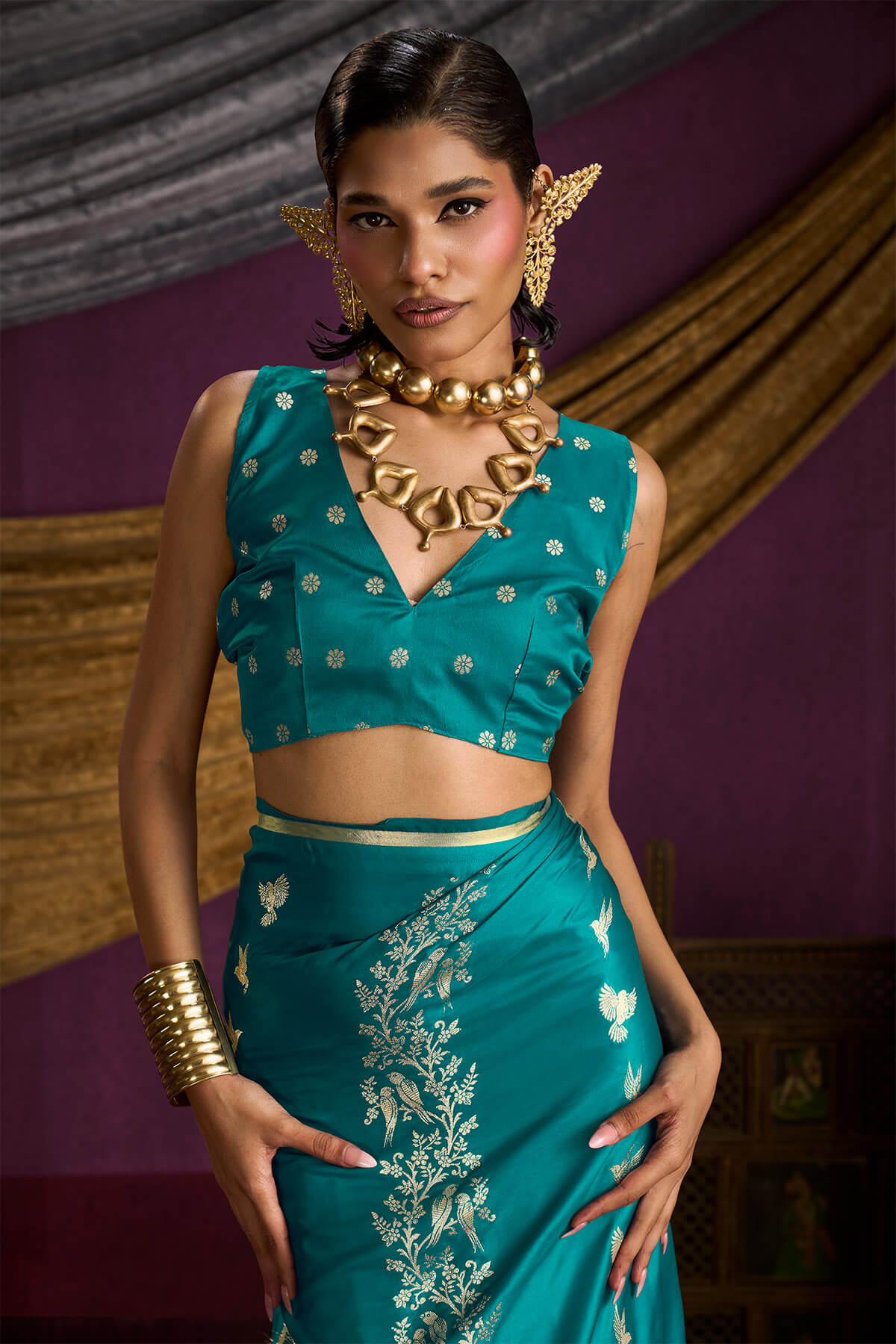 Ailurophile Rama Banarasi Satin Silk Saree With Embrocation Blouse