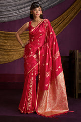 Luminous Red Banarasi Satin Silk Saree With Adorable Blouse