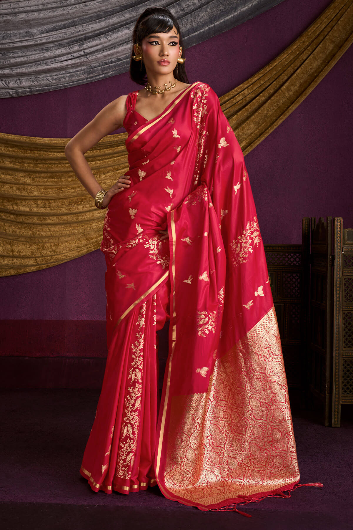 Luminous Red Banarasi Satin Silk Saree With Adorable Blouse