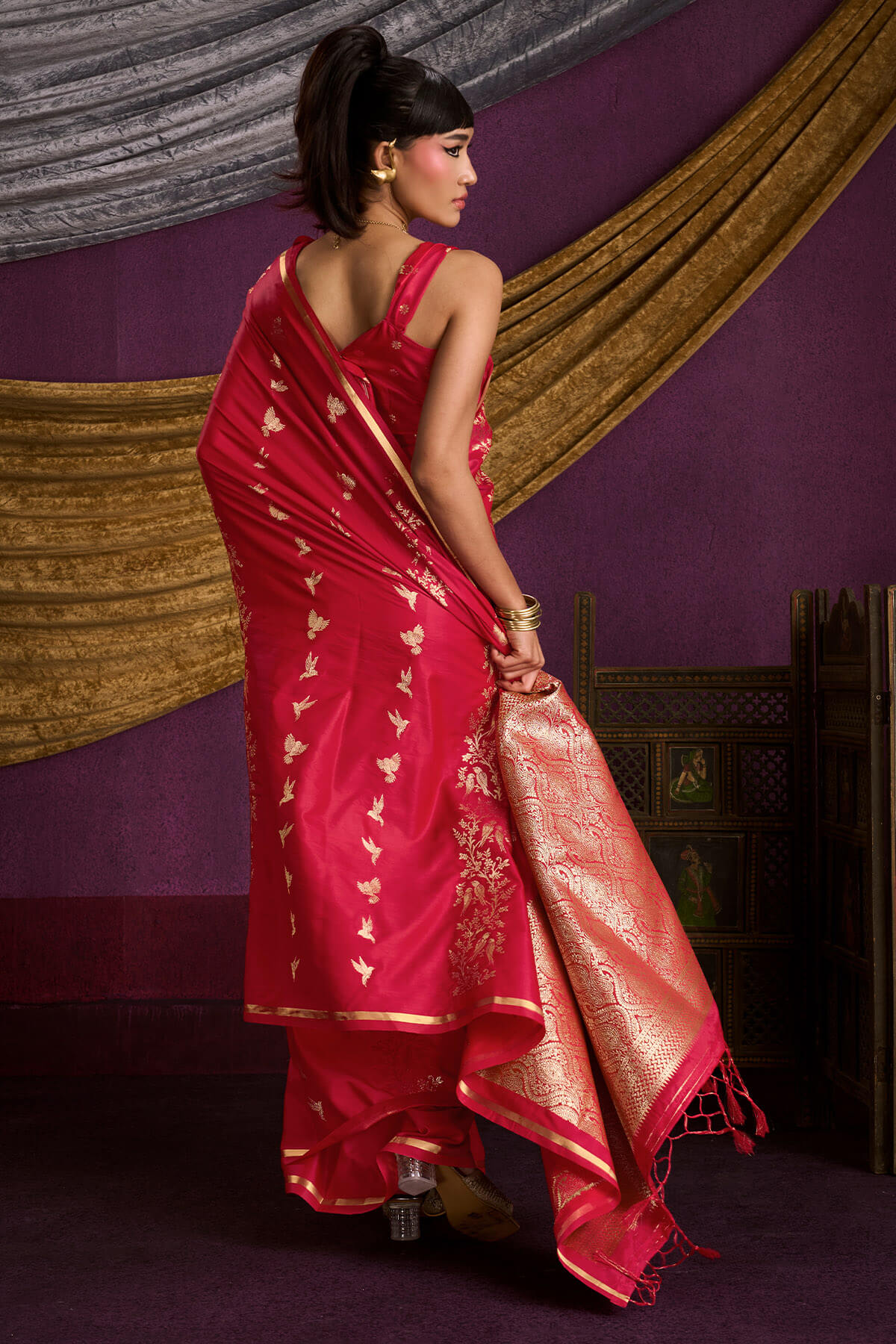 Luminous Red Banarasi Satin Silk Saree With Adorable Blouse