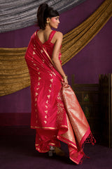 Luminous Red Banarasi Satin Silk Saree With Adorable Blouse