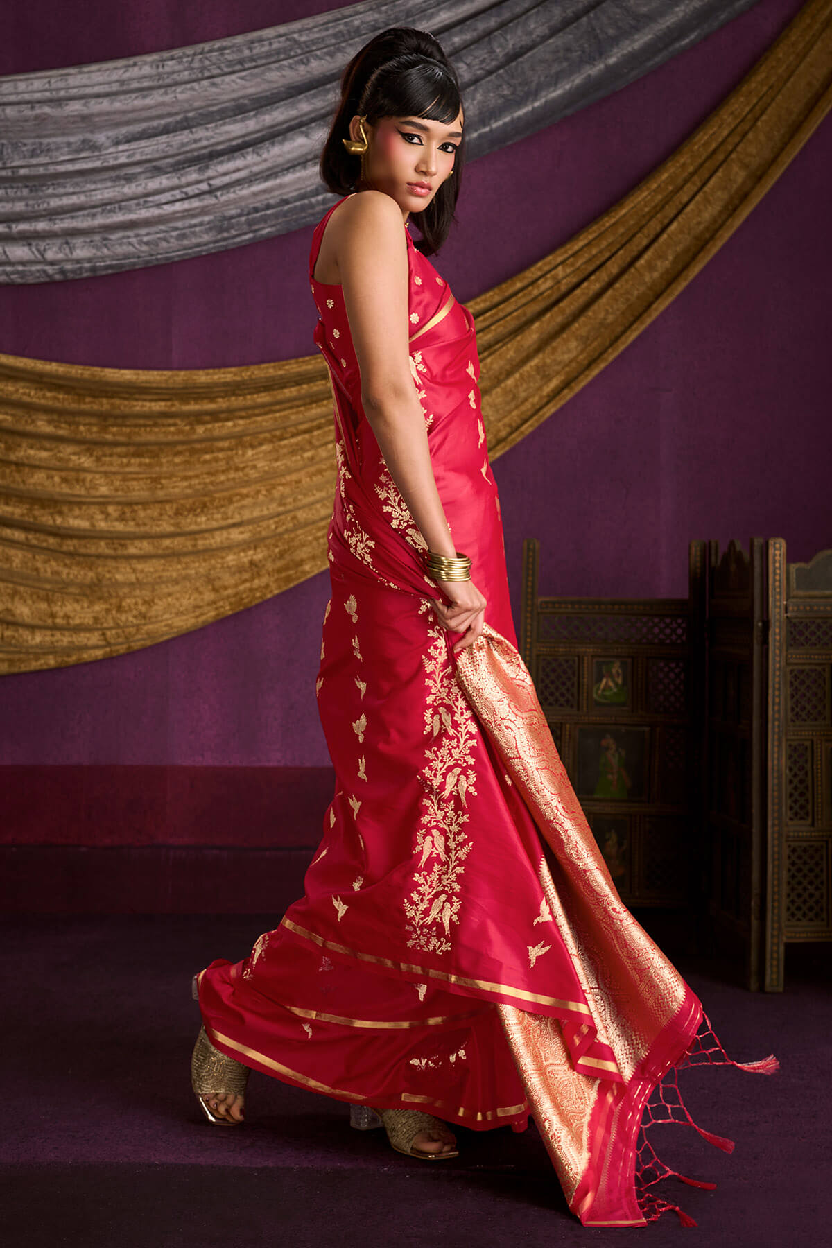 Luminous Red Banarasi Satin Silk Saree With Adorable Blouse