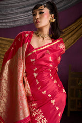 Luminous Red Banarasi Satin Silk Saree With Adorable Blouse