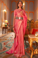 Groovy Pink Kanjivaram Silk Saree With Entrancing Blouse Piece