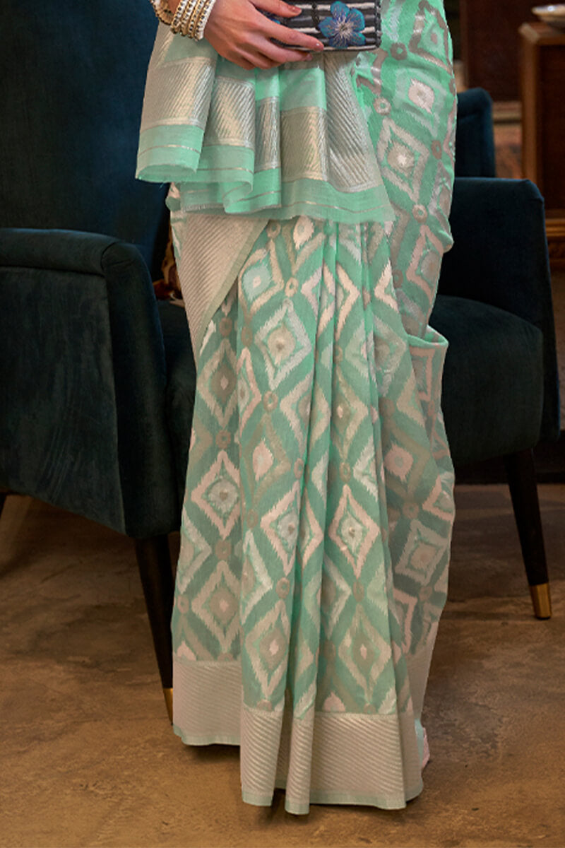 Flaunt Sea Green Cotton Silk Saree With Girlish Blouse Piece