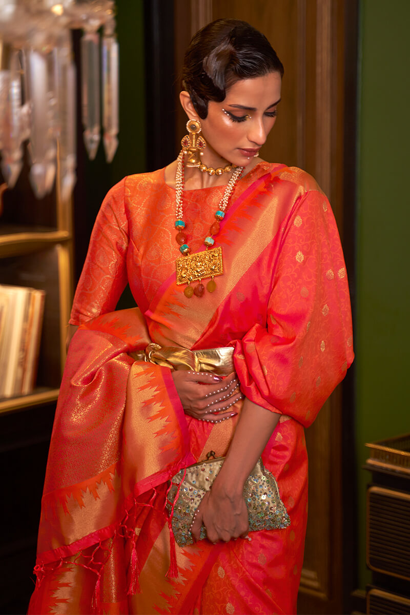 Palimpsest Peach Soft Banarasi Silk Saree With Staggering Blouse Piece