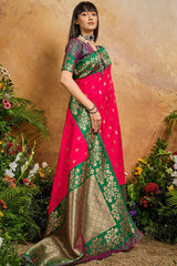 Improbable Dark Pink Pure Zari Weaving Banarasi Silk Saree With Efflorescence Blouse Piece