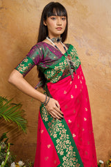 Improbable Dark Pink Pure Zari Weaving Banarasi Silk Saree With Efflorescence Blouse Piece