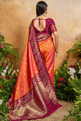 Prettiest Orange Pure Zari Weaving Banarasi Silk Saree With Tantalizing Blouse Piece