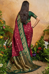 Imbrication Maroon Pure Zari Weaving Banarasi Silk Saree With Bewitching Blouse Piece