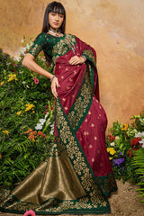 Imbrication Maroon Pure Zari Weaving Banarasi Silk Saree With Bewitching Blouse Piece