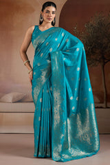 Delightful Firozi Pure Zari Weaving Banarasi Silk Saree With Elegant Blouse Piece