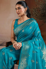 Delightful Firozi Pure Zari Weaving Banarasi Silk Saree With Elegant Blouse Piece
