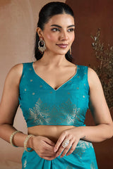 Delightful Firozi Pure Zari Weaving Banarasi Silk Saree With Elegant Blouse Piece
