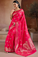 Imbrication Dark Pink Pure Zari Weaving Banarasi Silk Saree With Stunner Blouse Piece