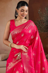 Imbrication Dark Pink Pure Zari Weaving Banarasi Silk Saree With Stunner Blouse Piece