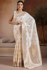 Dissemble Beige Pure Zari Weaving Banarasi Silk Saree With Girlish Blouse Piece