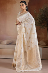 Dissemble Beige Pure Zari Weaving Banarasi Silk Saree With Girlish Blouse Piece