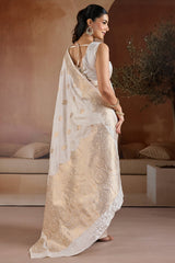 Dissemble Beige Pure Zari Weaving Banarasi Silk Saree With Girlish Blouse Piece