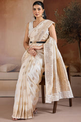 Dissemble Beige Pure Zari Weaving Banarasi Silk Saree With Girlish Blouse Piece