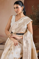 Dissemble Beige Pure Zari Weaving Banarasi Silk Saree With Girlish Blouse Piece
