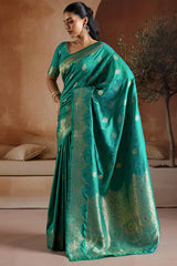 Sizzling Rama Pure Zari Weaving Banarasi Silk Saree With Lissome Blouse Piece