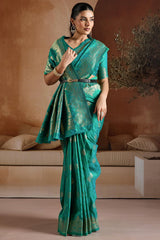 Sizzling Rama Pure Zari Weaving Banarasi Silk Saree With Lissome Blouse Piece