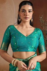 Sizzling Rama Pure Zari Weaving Banarasi Silk Saree With Lissome Blouse Piece