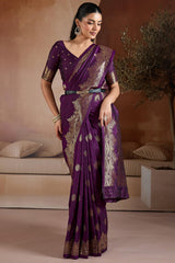 Surreptitious Purple Pure Zari Weaving Banarasi Silk Saree With Majesty Blouse Piece