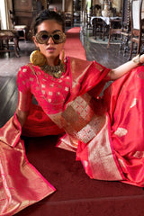 Glittering Dark Pink Soft Banarasi Silk Saree With Elision Blouse Piece