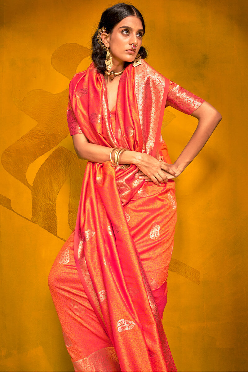 Allure Orange Soft Banarasi Silk Saree With Vibrant Blouse Piece