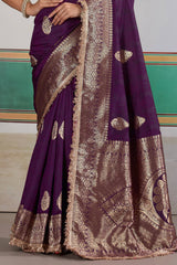 Admirable Purple Pure Zari Weaving Banarasi Silk Saree With Fancy Lace Border