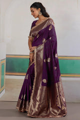 Admirable Purple Pure Zari Weaving Banarasi Silk Saree With Fancy Lace Border
