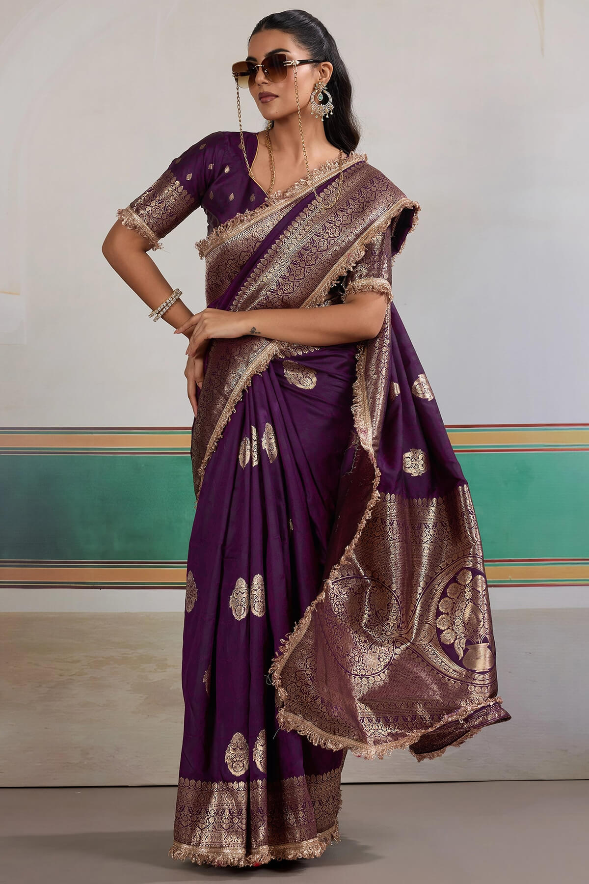 Admirable Purple Pure Zari Weaving Banarasi Silk Saree With Fancy Lace Border