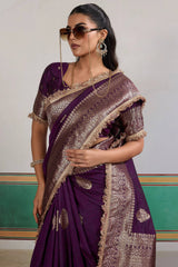 Admirable Purple Pure Zari Weaving Banarasi Silk Saree With Fancy Lace Border