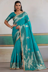 Lagniappe Firozi Pure Zari Weaving Banarasi Silk Saree With Fancy Lace Border