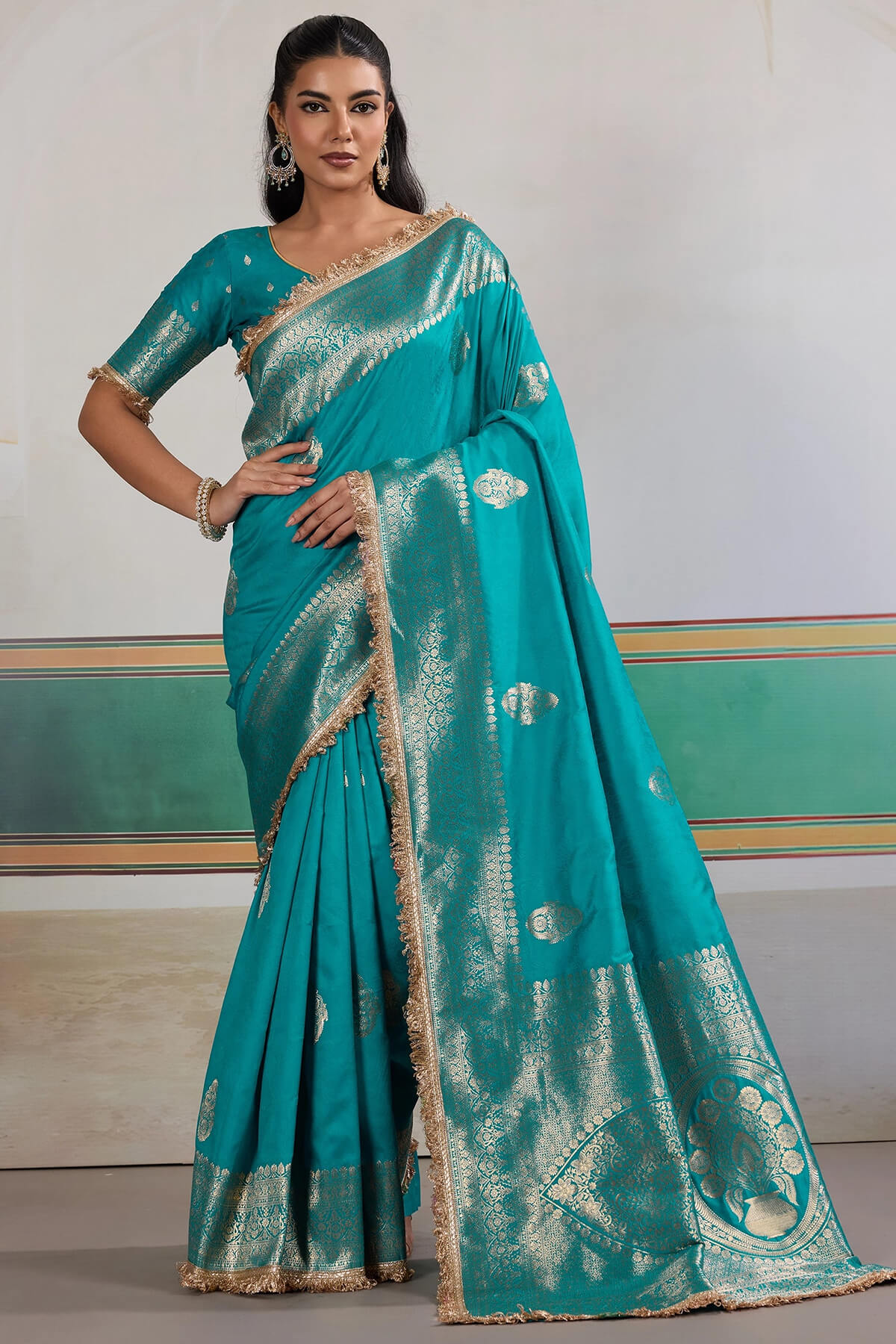 Lagniappe Firozi Pure Zari Weaving Banarasi Silk Saree With Fancy Lace Border