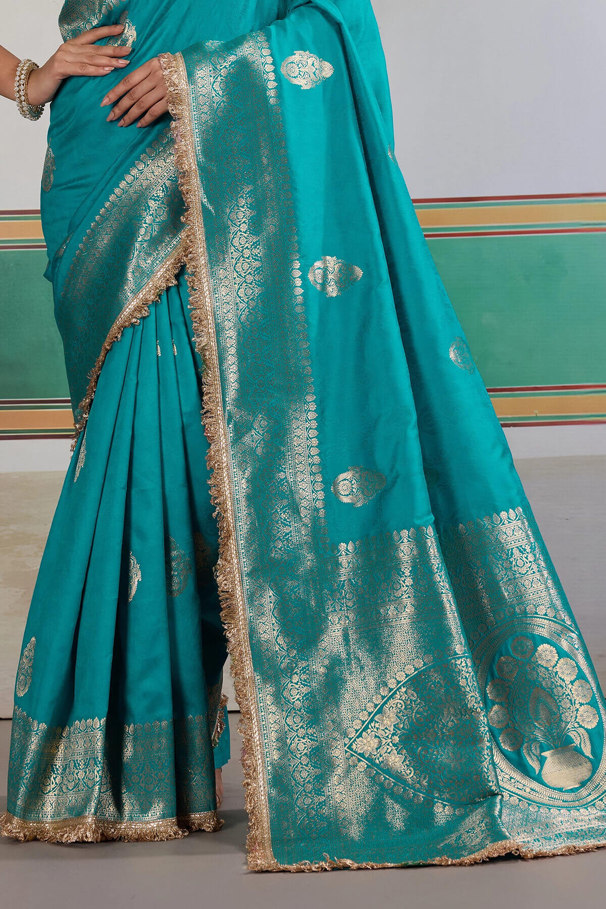Lagniappe Firozi Pure Zari Weaving Banarasi Silk Saree With Fancy Lace Border