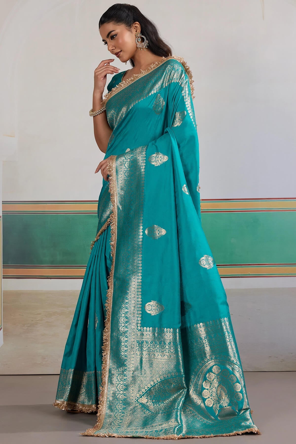 Lagniappe Firozi Pure Zari Weaving Banarasi Silk Saree With Fancy Lace Border