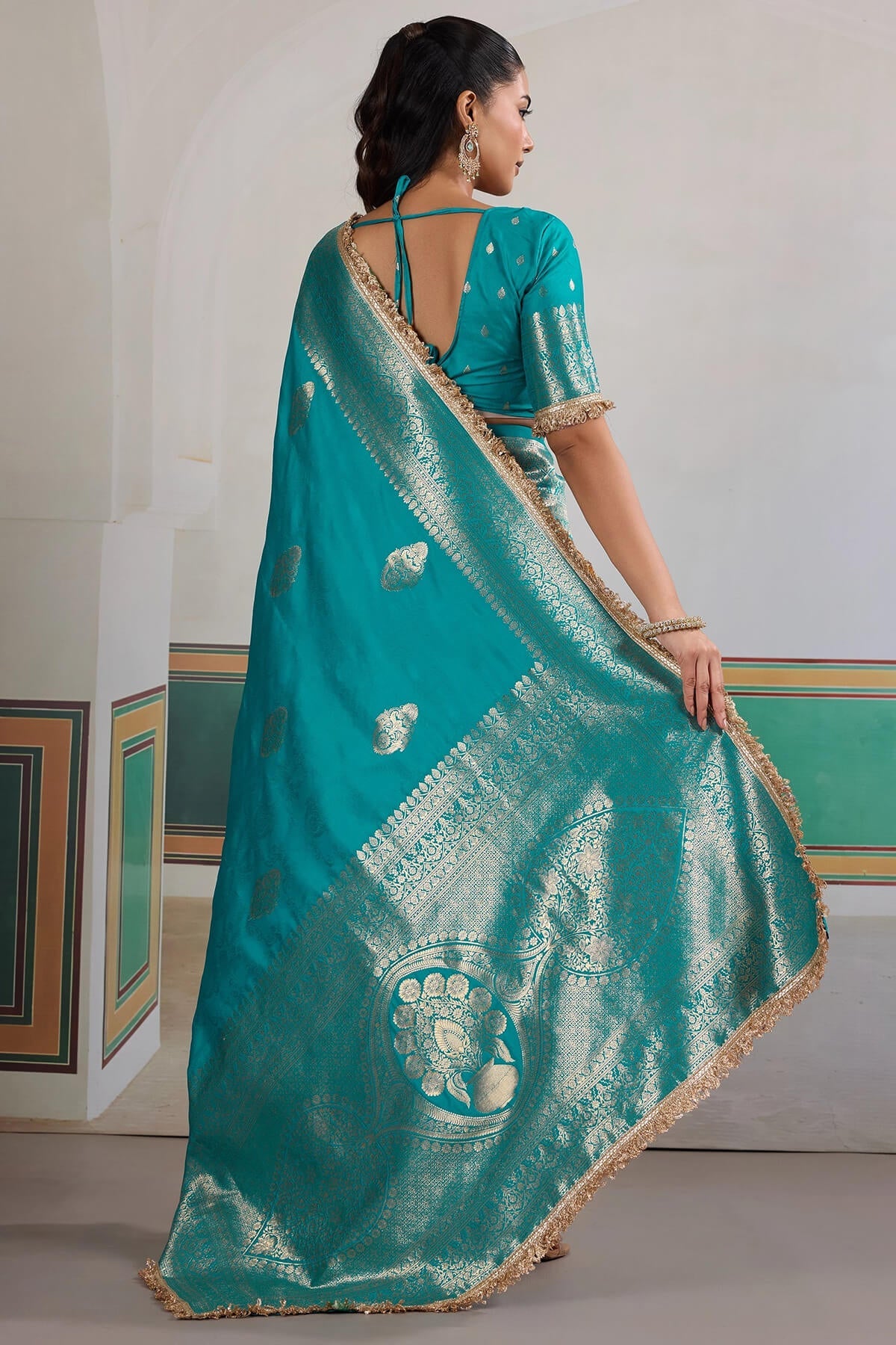 Lagniappe Firozi Pure Zari Weaving Banarasi Silk Saree With Fancy Lace Border