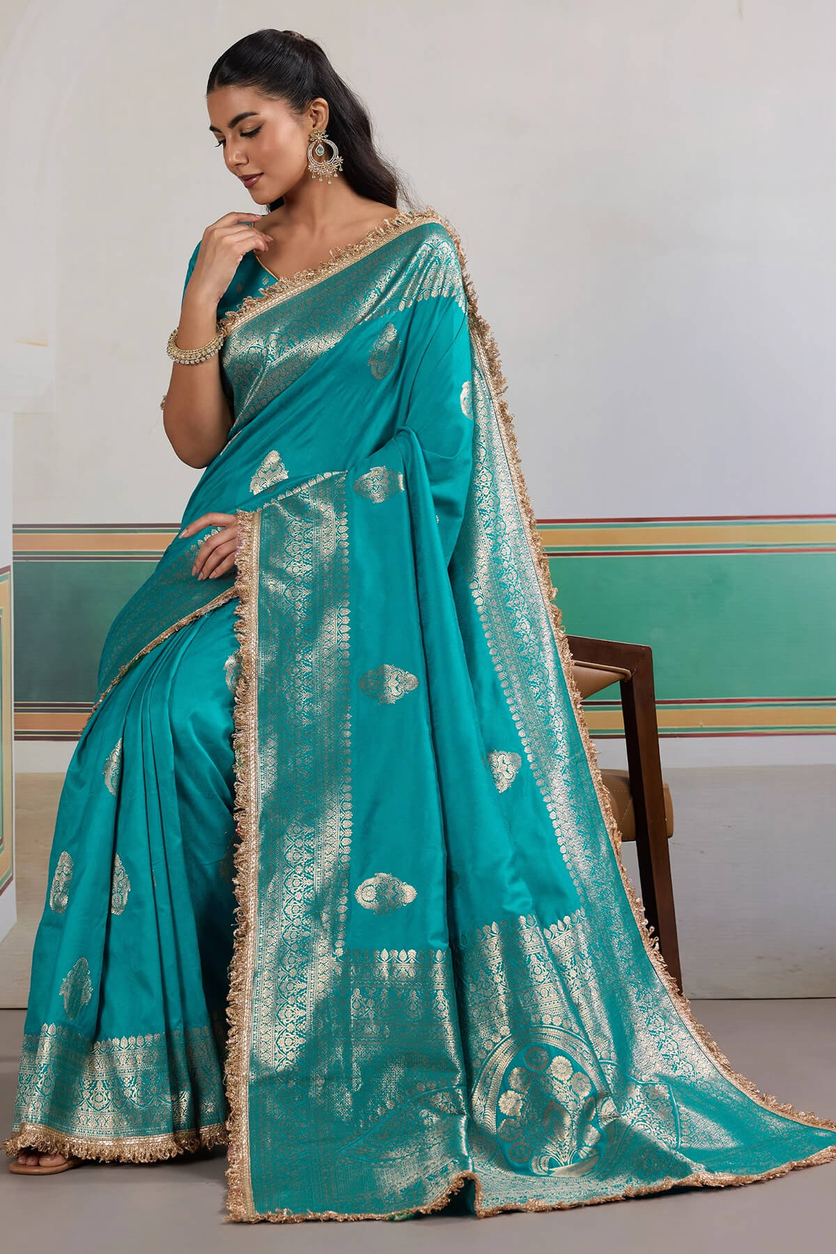Lagniappe Firozi Pure Zari Weaving Banarasi Silk Saree With Fancy Lace Border