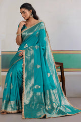 Lagniappe Firozi Pure Zari Weaving Banarasi Silk Saree With Fancy Lace Border