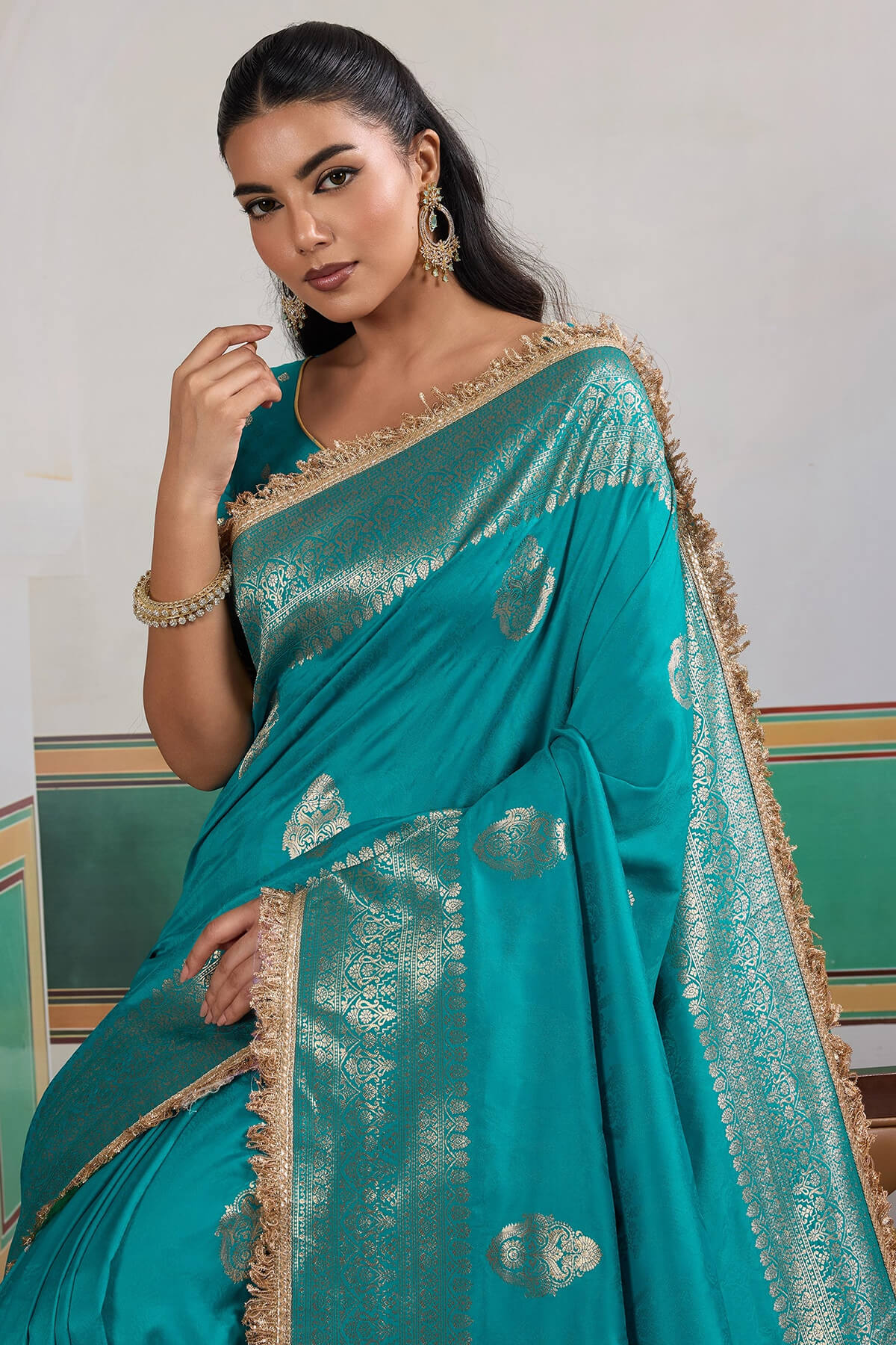 Lagniappe Firozi Pure Zari Weaving Banarasi Silk Saree With Fancy Lace Border