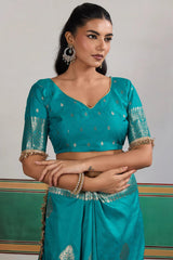 Lagniappe Firozi Pure Zari Weaving Banarasi Silk Saree With Fancy Lace Border