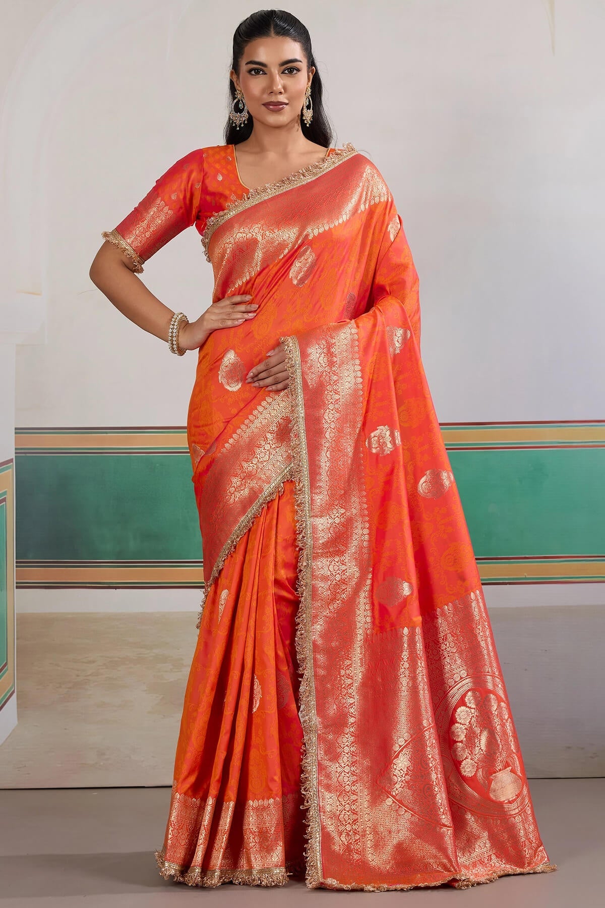 Proficient Orange Pure Zari Weaving Banarasi Silk Saree With Fancy Lace Border