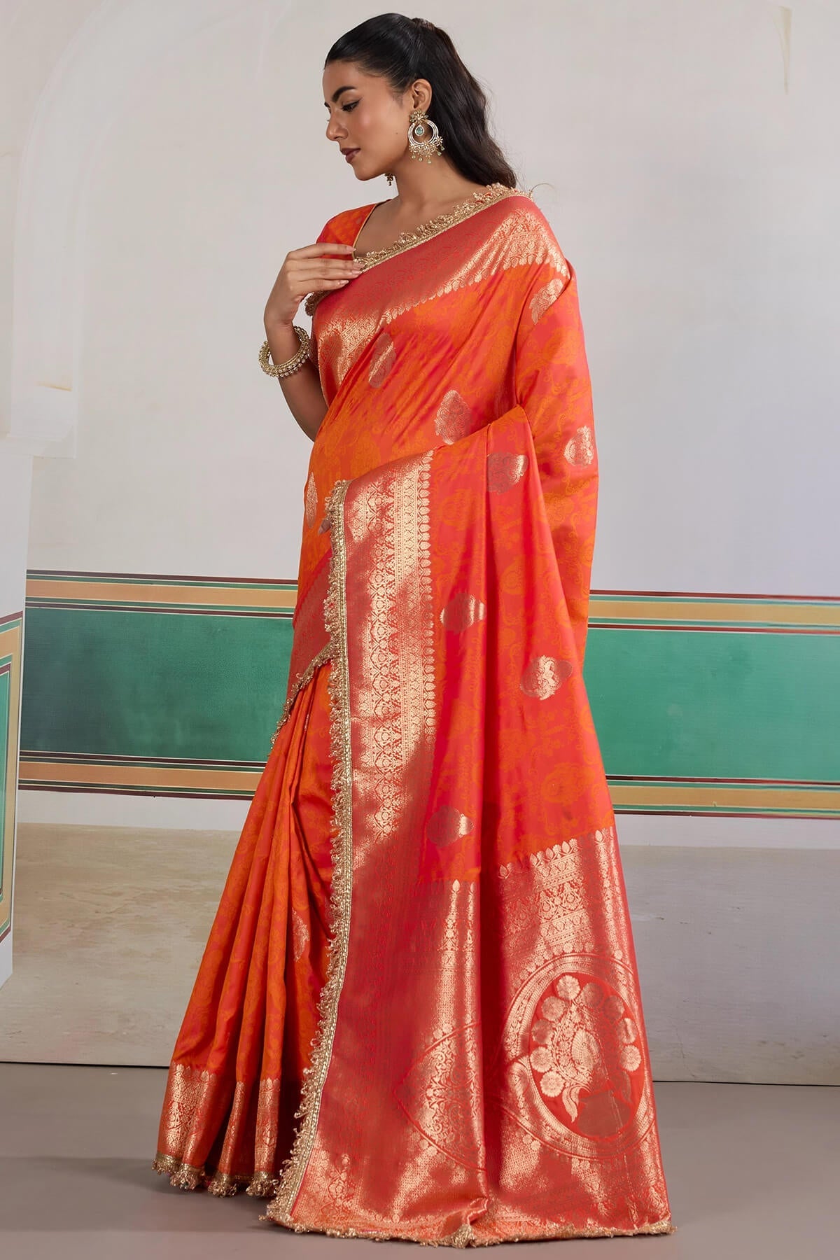 Proficient Orange Pure Zari Weaving Banarasi Silk Saree With Fancy Lace Border