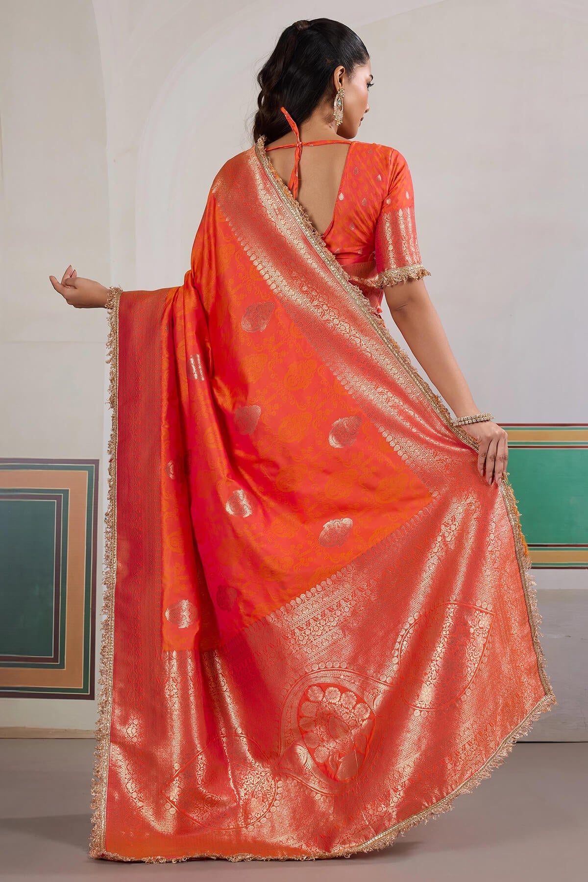 Proficient Orange Pure Zari Weaving Banarasi Silk Saree With Fancy Lace Border
