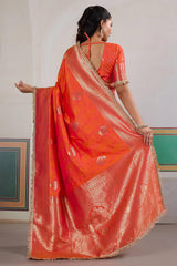 Proficient Orange Pure Zari Weaving Banarasi Silk Saree With Fancy Lace Border