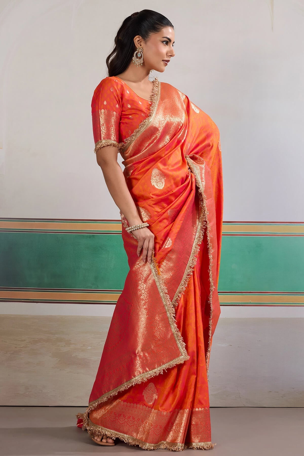 Proficient Orange Pure Zari Weaving Banarasi Silk Saree With Fancy Lace Border